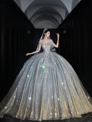 Shiny Rhinestone Beaded Silver Sequin Ball V Neck Prom Dress Evening Dress Party Dress HZ1023